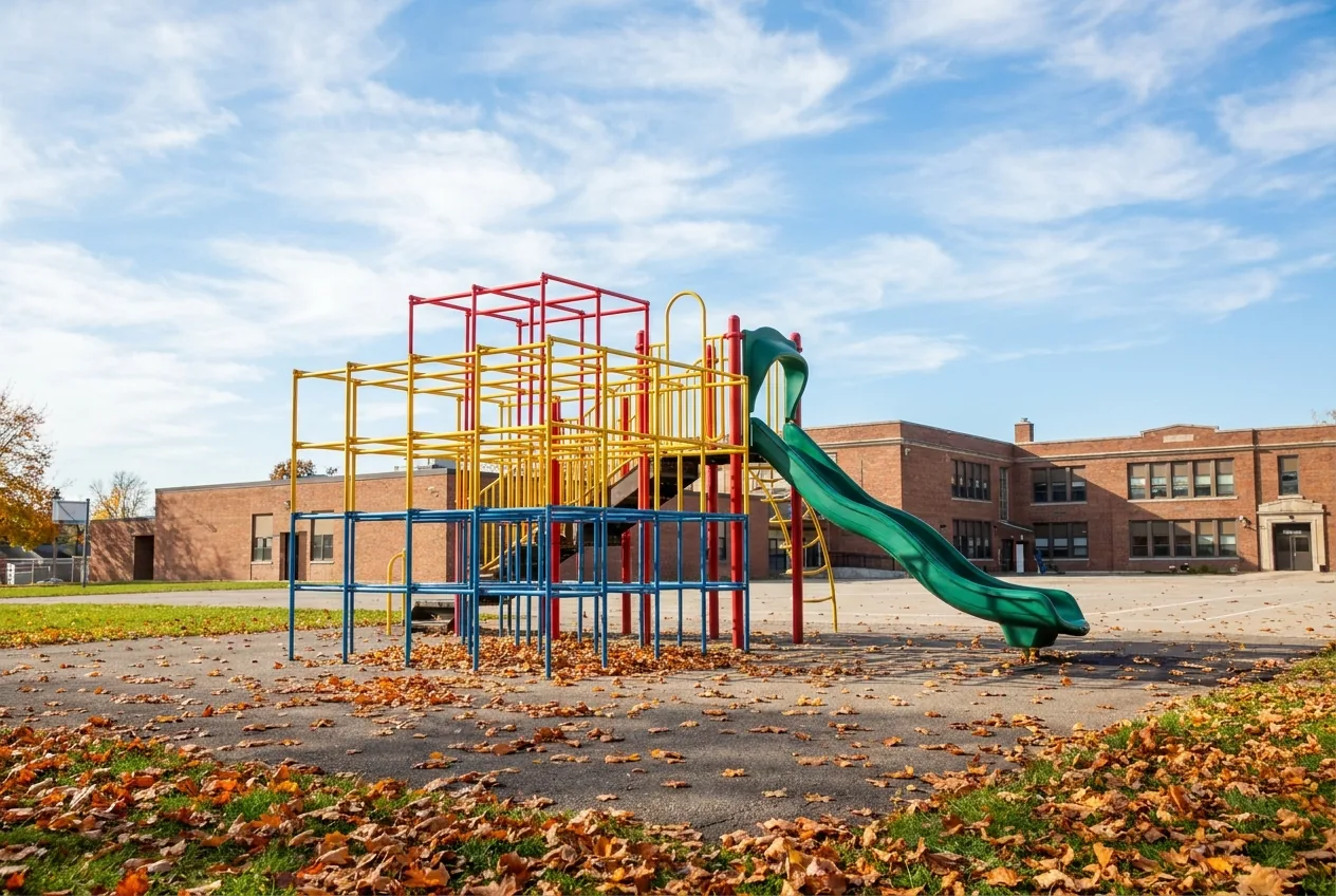 Sonniger Spielplatz mit Klettergerüst und Rutsche