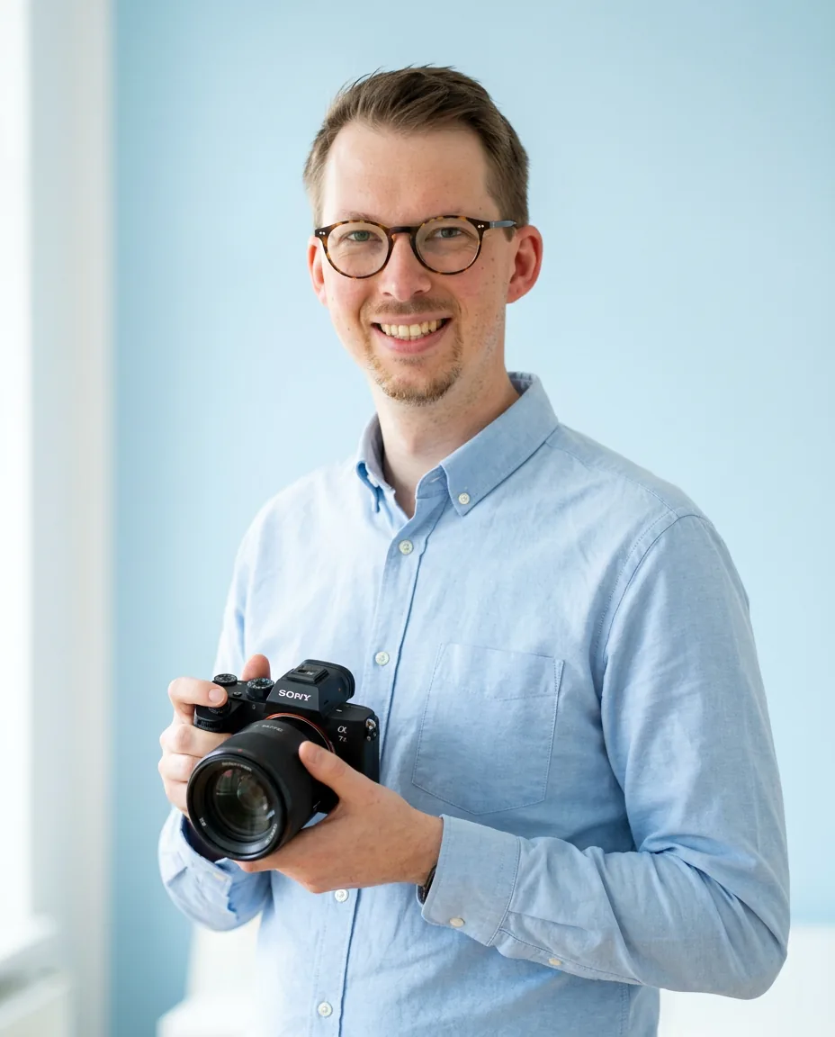 Lukas Piorr, Kita- und Schulfotograf aus Einbeck, mit Sony-Kamera in der Hand