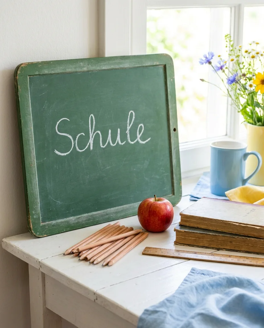 Grüne Schiefertafel mit dem Wort Schule, Stiften und Apfel