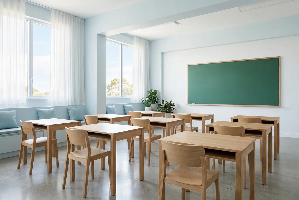 Heller, leerer Klassenraum mit Holztischen und grüner Tafel, Schulfotografie